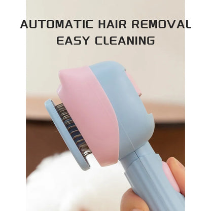 Blue and green double-sided pet grooming brush with deshedding rake and dematting comb on a white background.