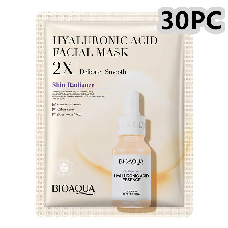 White collagen and hyaluronic acid facial sheet mask in 30g gel format on skin