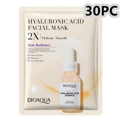 White collagen and hyaluronic acid facial sheet mask in 30g gel format on skin