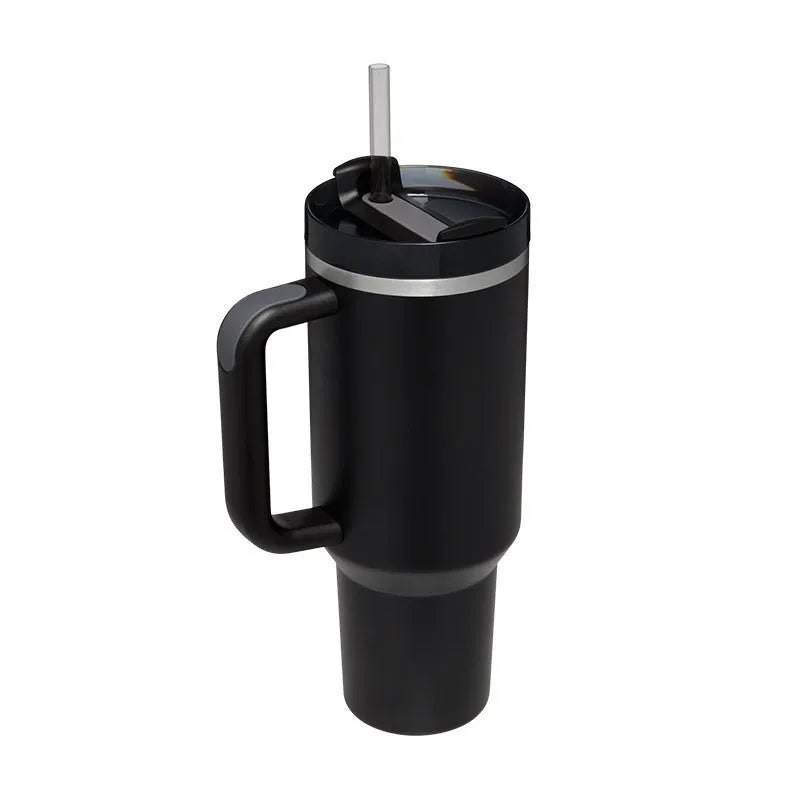 40oz stainless steel tumbler with handle and straw in various colour options showing tapered shape and spill-proof lid