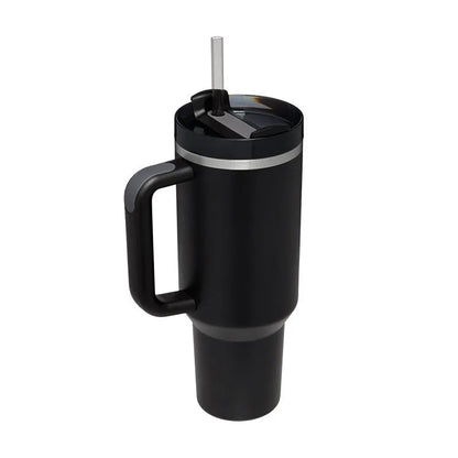 40oz stainless steel tumbler with handle and straw in various colour options showing tapered shape and spill-proof lid