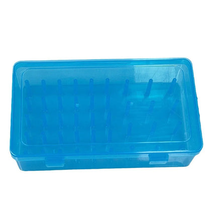 42-slot embroidery thread storage box in transparent plastic with visible spools inside