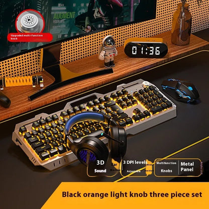 Aluminium alloy mechanical gaming keyboard with rainbow lighting, shown with a macro mouse and gaming headset.