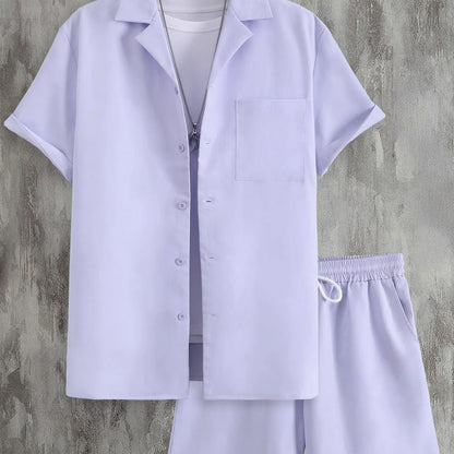 Men's short sleeve Cuban collar sport suit set with matching polyester shorts in multiple colour options