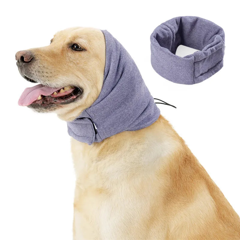 Soft polyester dog head cover for noise reduction and mealtime use in black or purple.