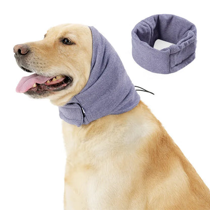 Soft polyester dog head cover for noise reduction and mealtime use in black or purple.