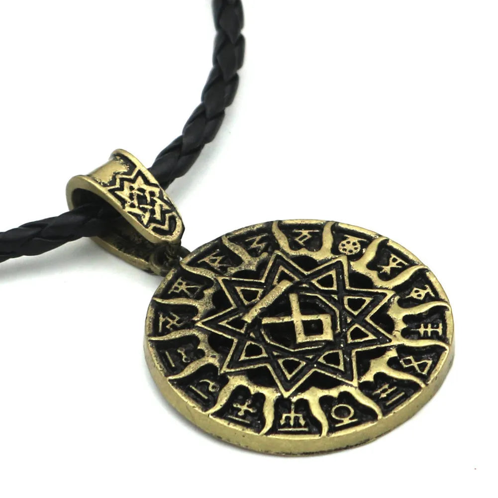 Lunavin ODing alloy text pendant on an antique silver snake bones chain and leather rope.