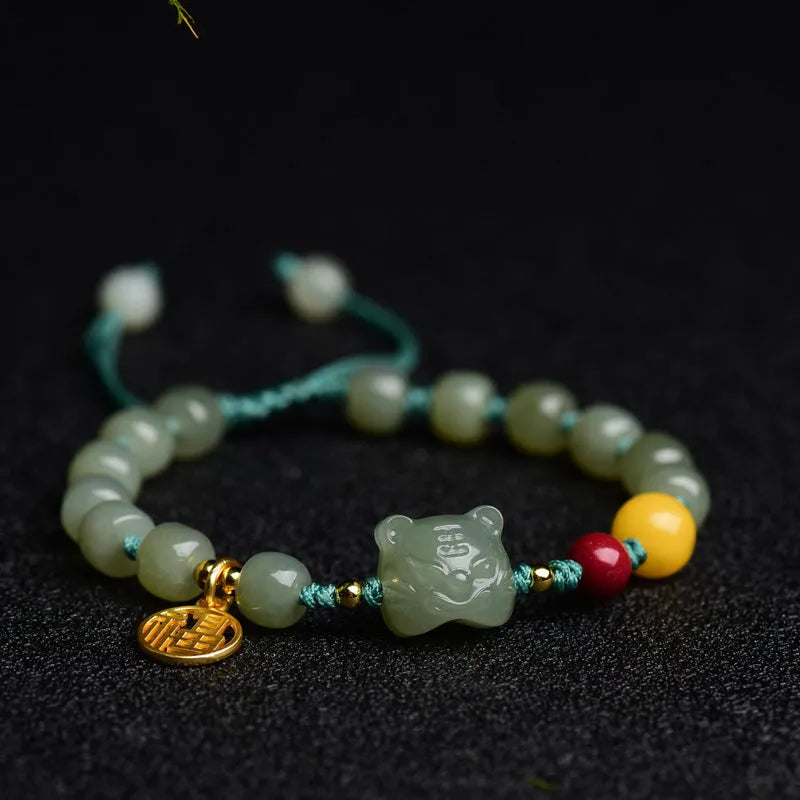 Natural Hetian Jade bracelet with animal Zodiac designs and cinnabar beeswax accents