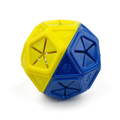 Blue and red hollow dog toy ball designed for interactive treat dispensing and bite-resistant play.