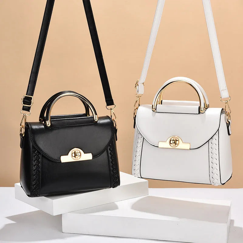 Women's PU Leather Crossbody Messenger Bag Horizontal Square Solid Colour Weaving Double Strap Soft Handle Polyester Lined Daily Use Black White Green