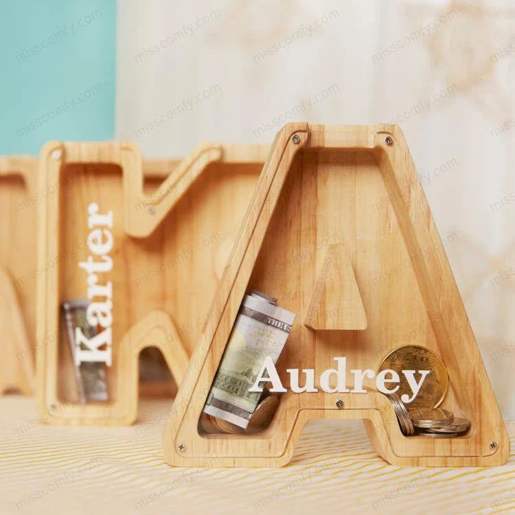 Custom Wooden Letter Money Box - Unique Personalized Savings Piggy Bank with Transparent Glass Panel