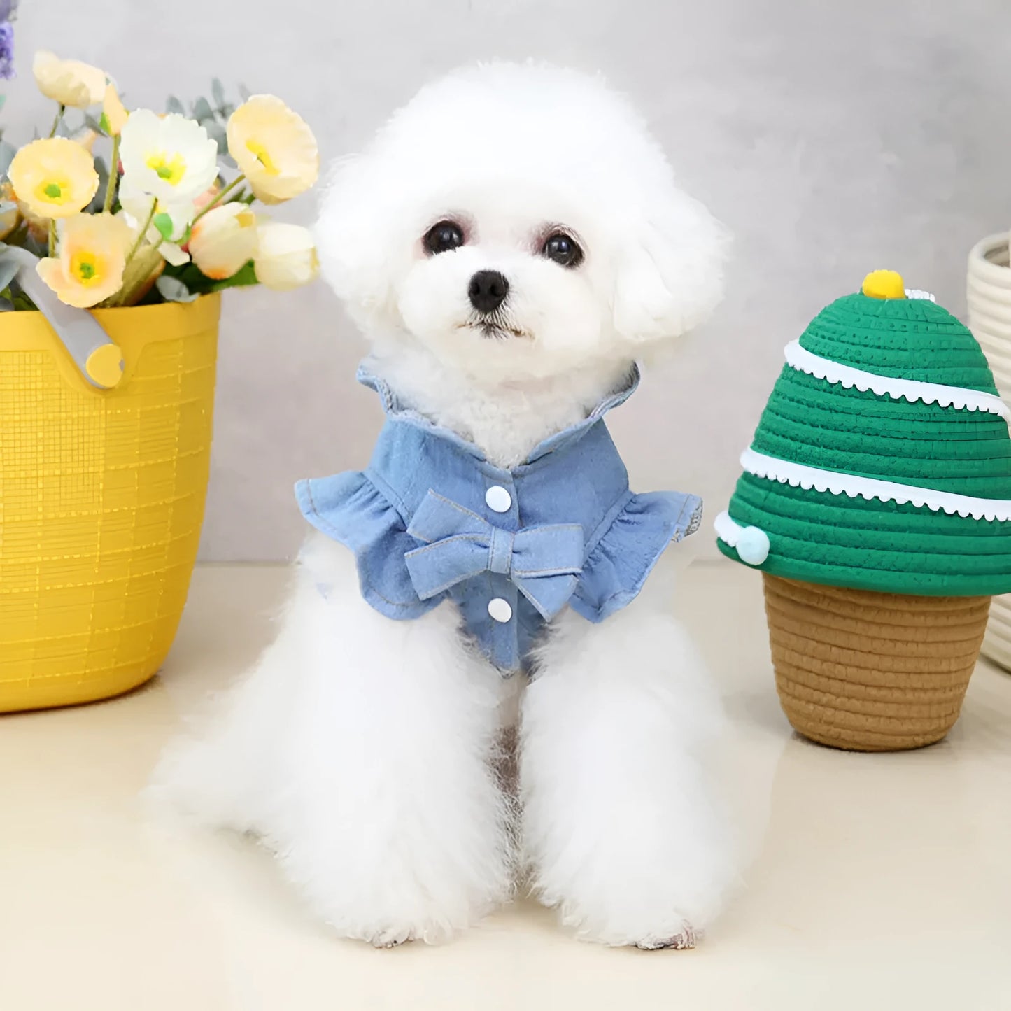 Blue denim pet dress with ruffles and back harness hook for dogs and cats