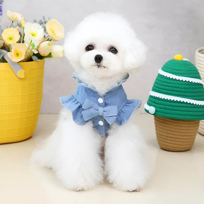 Blue denim pet dress with ruffles and back harness hook for dogs and cats