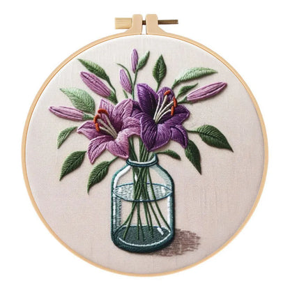 Purple lily flower embroidery kit with 28cm square cotton-linen fabric and bamboo hoop frame