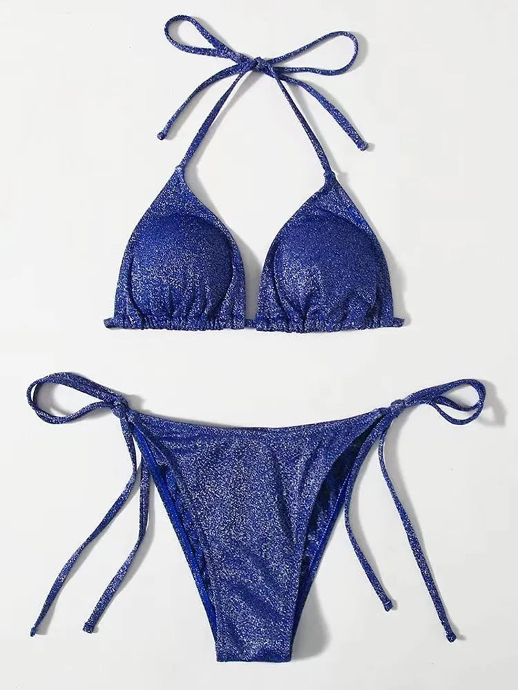 Women's khaki gold bandage bikini with adjustable straps on a beach background