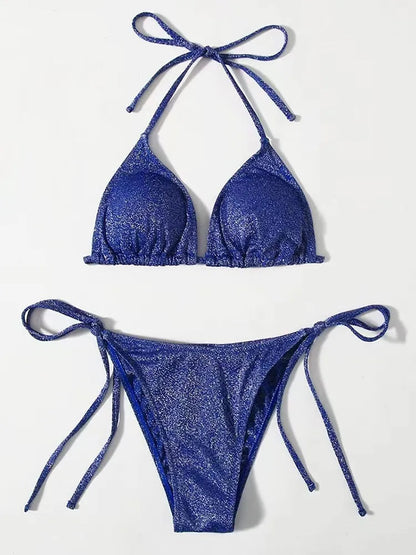 Women's khaki gold bandage bikini with adjustable straps on a beach background