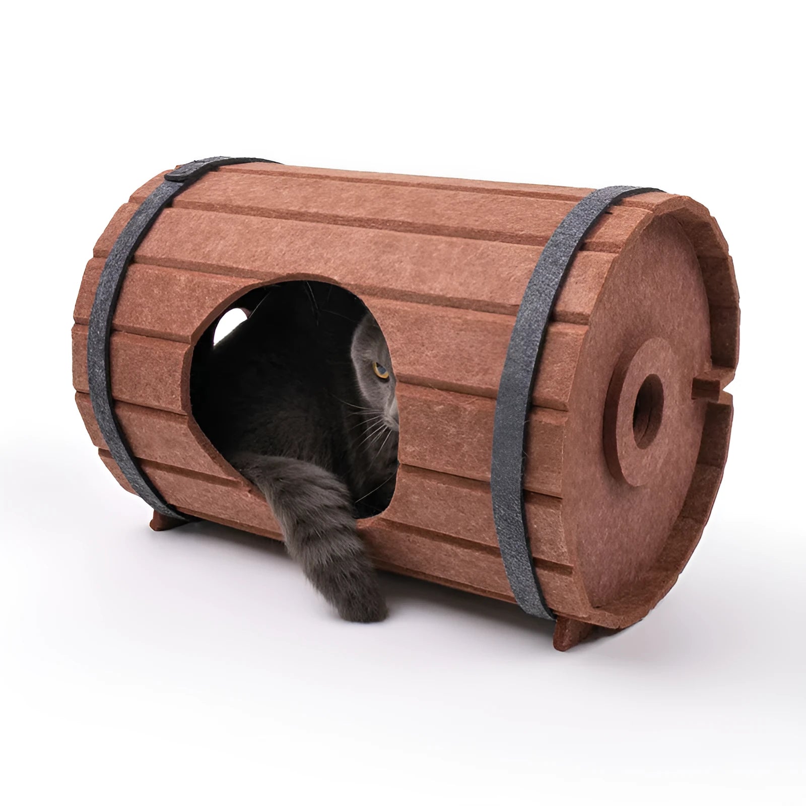 Assembled wine barrel shaped cat bed made from grey polyester felt board.