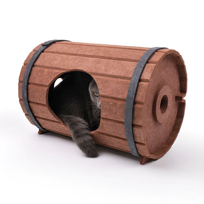 Assembled wine barrel shaped cat bed made from grey polyester felt board.