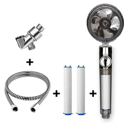 A high-pressure handheld shower head with a turbo-charged water flow and a cotton filter for a luxurious, spa-like bathing experience.