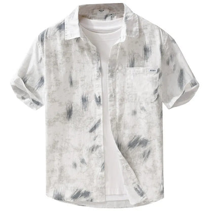 Light green men's loose-fit floral print short-sleeve cotton cardigan laid flat.