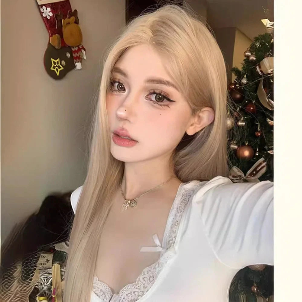 Women's straight synthetic wig in milk tea blonde colour measuring 50cm length with heat-resistant fibres
