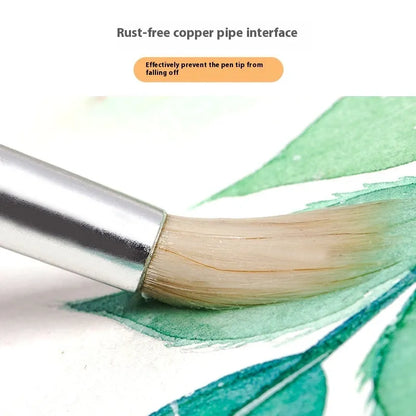 Six wooden-handled pen brushes with pointed wool bristles in conventional colours for artistic line work