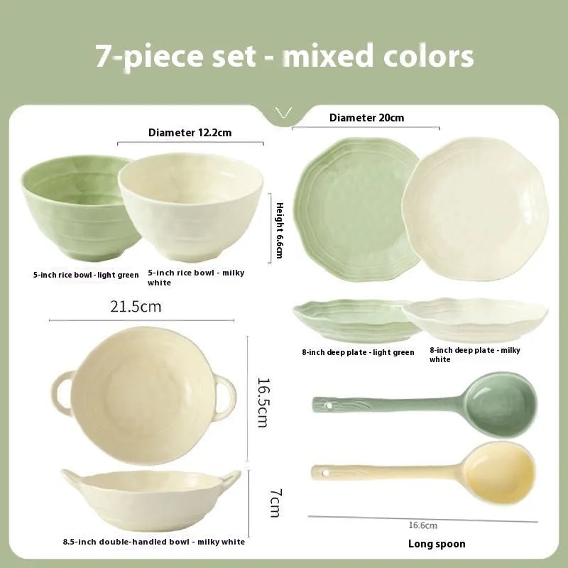 Solid colour ceramic tableware set with seven pieces in a minimalist style, presented in a gift box.