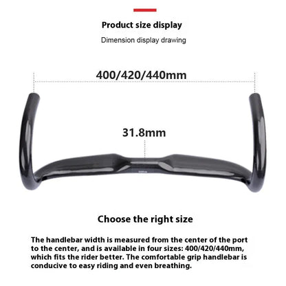 Road bicycle carbon fibre drop handlebar in black, grey, and silver UD finish showing 400mm, 420mm, and 440mm size options.