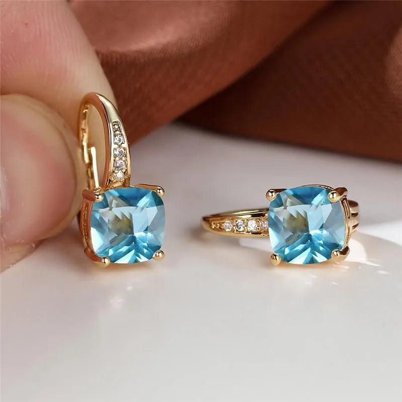 Square zircon inlaid geometric ear hooks in Korean style with electroplated finish