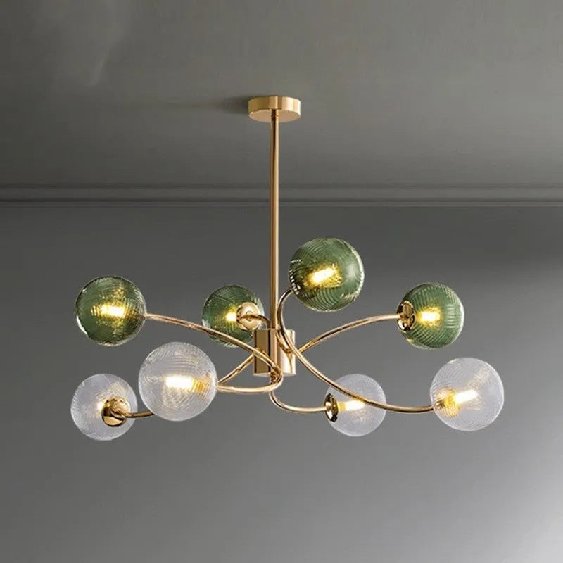 Modern Nordic-style chandelier with multiple green glass shades hanging at different heights.