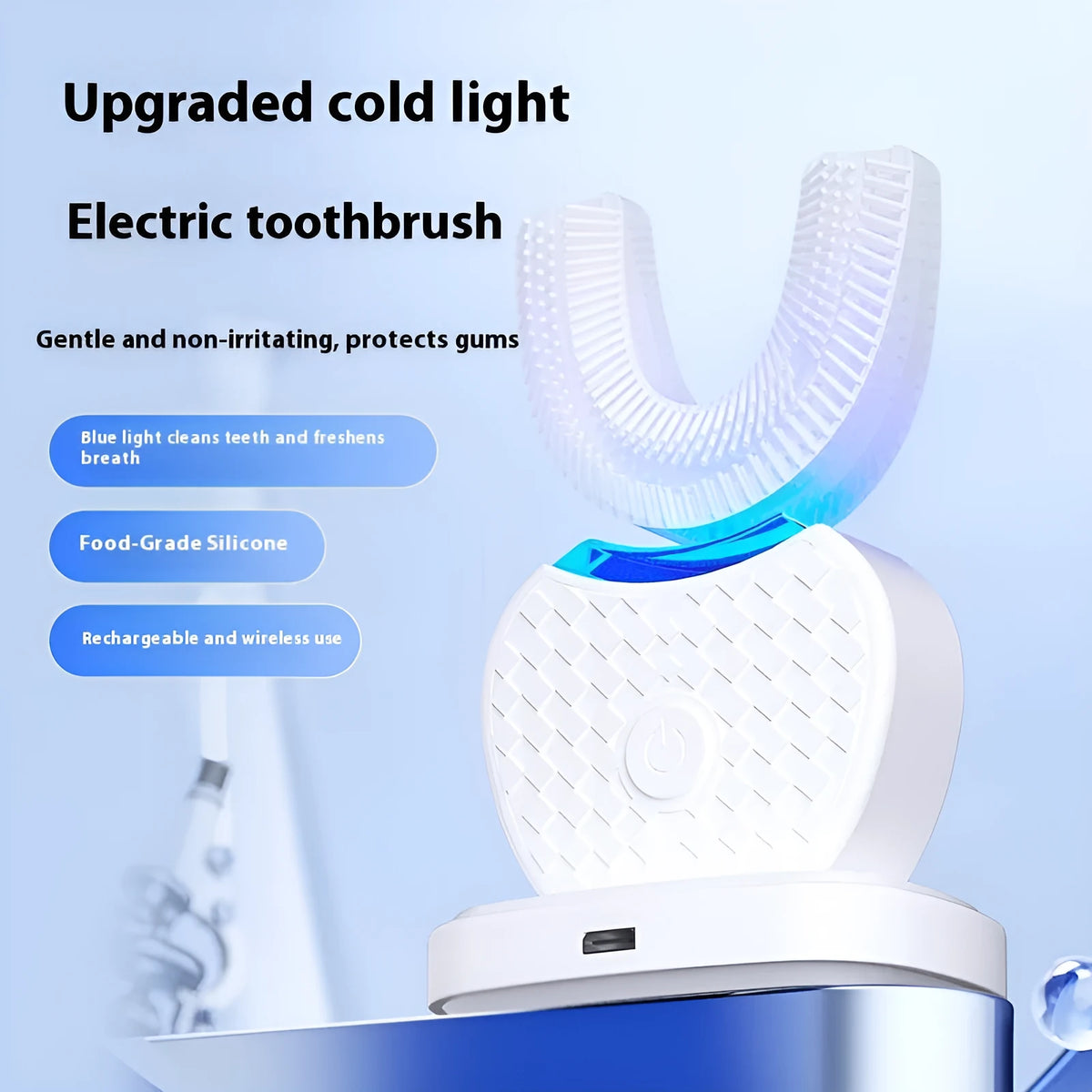 U-shaped rechargeable electric toothbrush in white, black, blue or pink with 3 gears and magnetic suspension motor