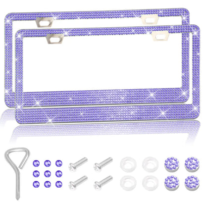 Stainless steel license plate frame with square holes for applying coloured acrylic diamond crystals.