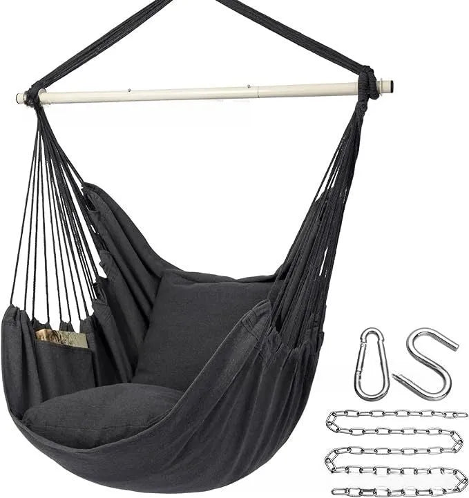Folding outdoor tassel hammock in beige with canvas seat, cushion, and three-section iron pipe