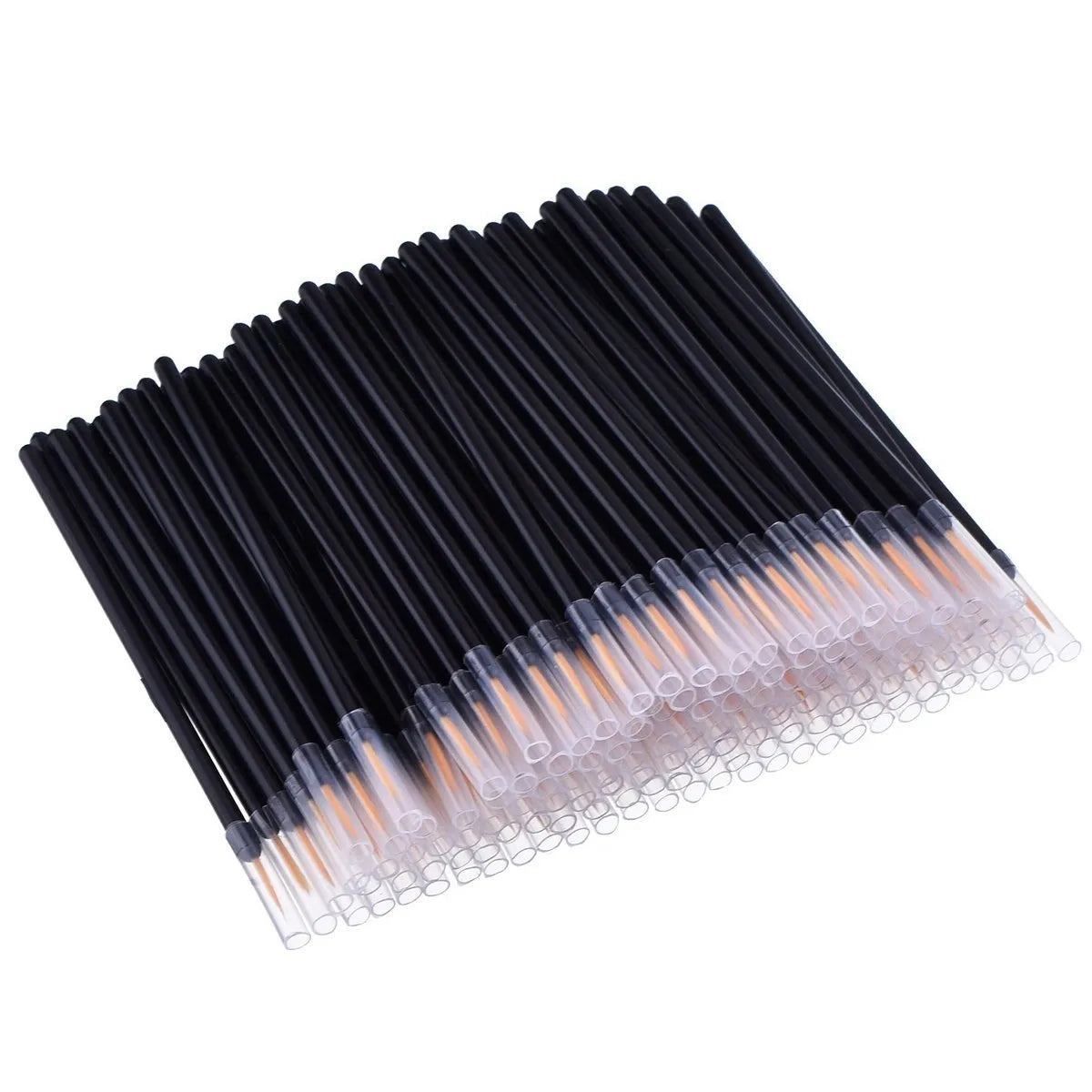 Pack of 100 black-handled disposable eyeliner brushes with ultra-fine tips and clear plastic sleeves.