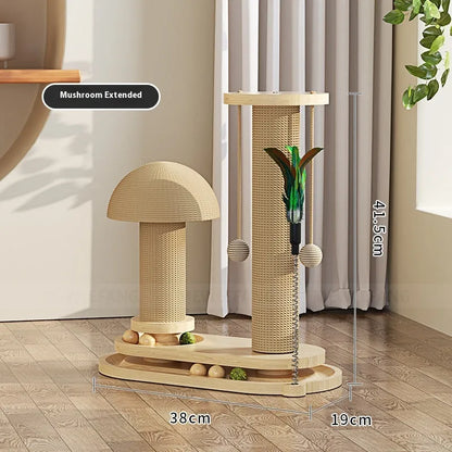 Solid wood cat scratching post with sisal rope and a brown oval turntable on a thick wooden base.