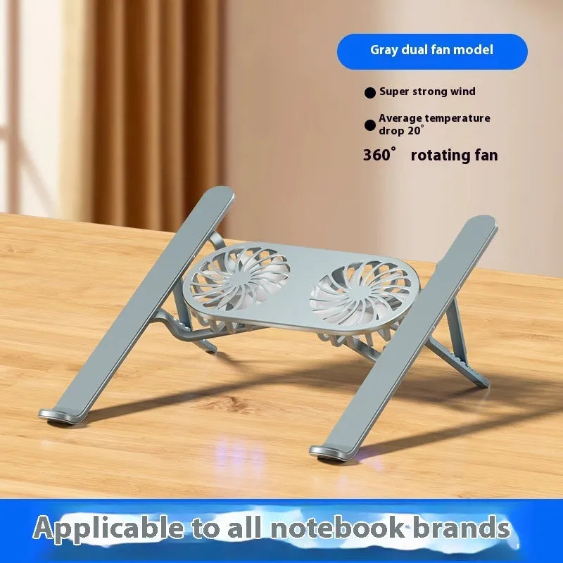 Aluminium alloy portable laptop cooling stand with twin fans and adjustable height mechanism in silver finish