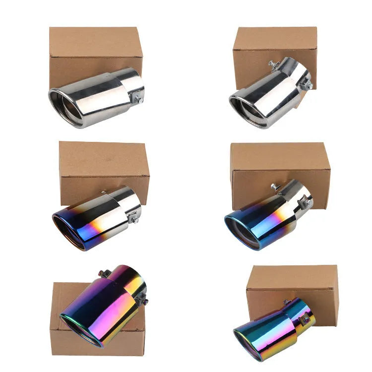 Stainless steel car exhaust tailpipe in baked blue finish, showing straight and curved outlet options.