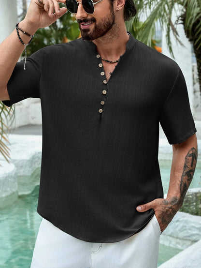 Men's deep V-neck short sleeve casual shirt in cotton linen blend available in multiple colours