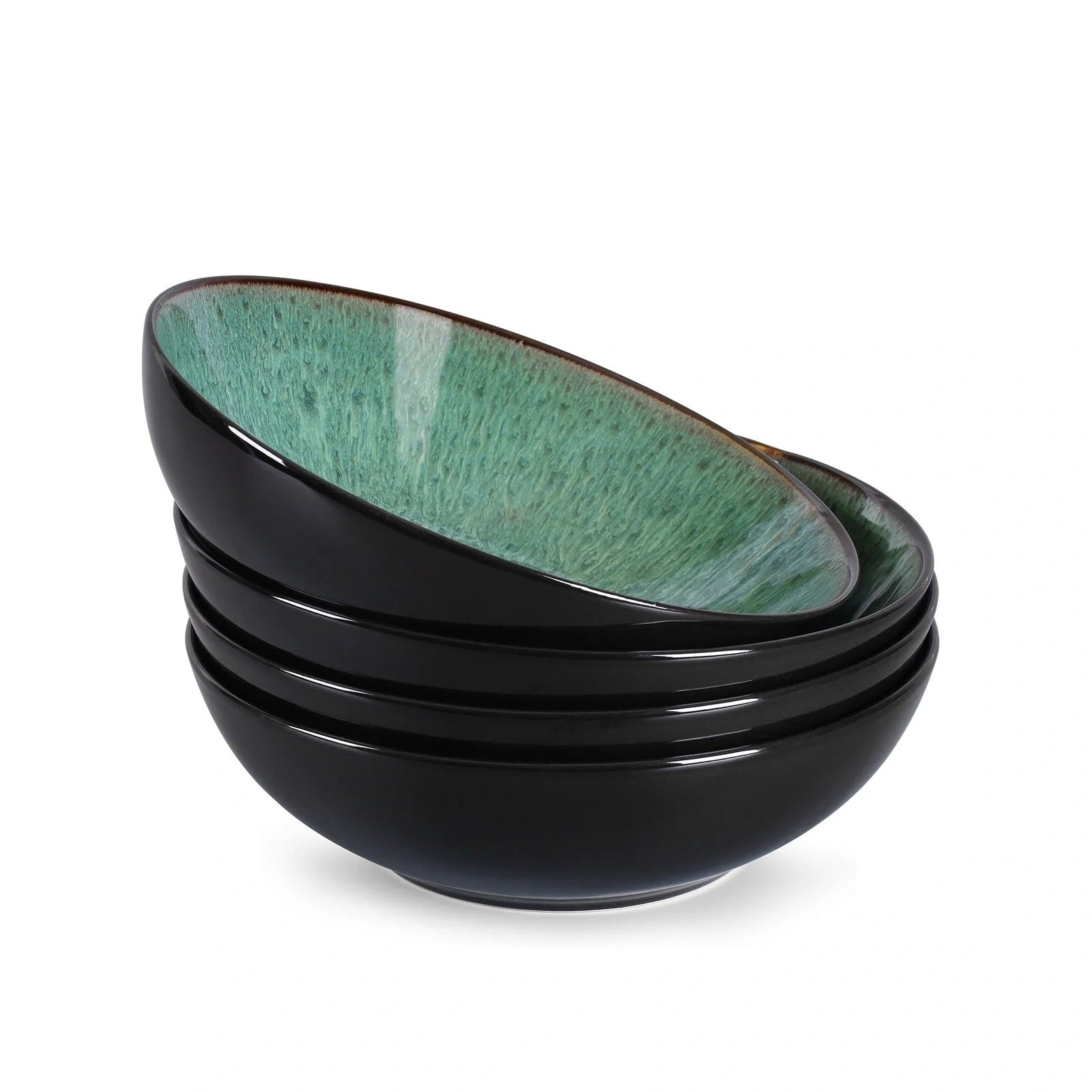 Unique peacock green ceramic bowl set, 30oz each, dishwasher, microwave, and oven safe