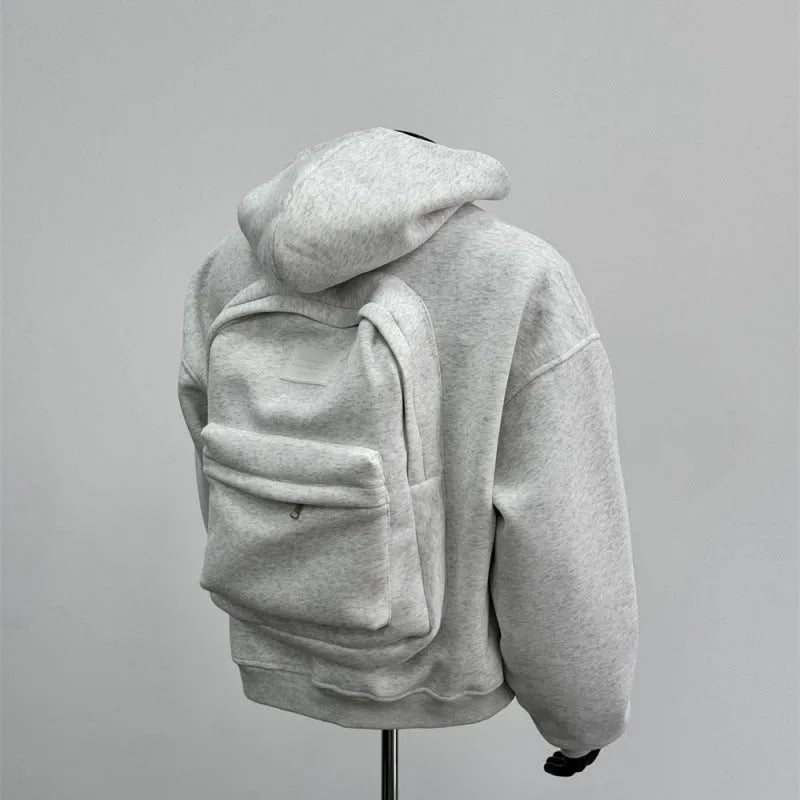 Men's light grey hooded sweatshirt jacket featuring a distinctive schoolbag design on the back.