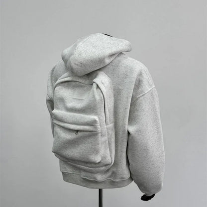 Men's light grey hooded sweatshirt jacket featuring a distinctive schoolbag design on the back.