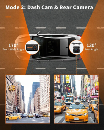ThiEYE front and rear dash cam system with 3-inch screen showing dual camera views
