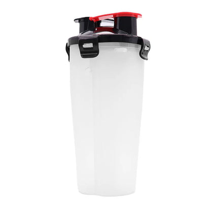 White portable pet water and food cup with separate compartments, shown with blue lid.