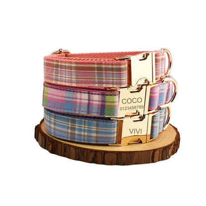 Four-piece dog accessory set showing cloth collar, leash, vest, and bow in coordinated colours