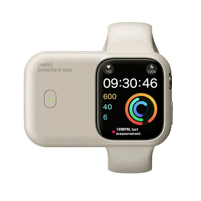 Apple Watch Ultra portable wireless power bank charging case in brown, midnight blue, or starlight.