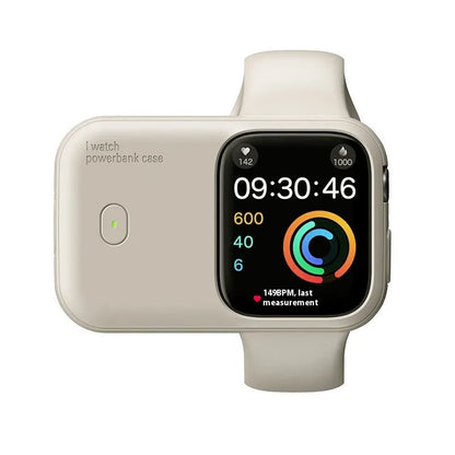 Apple Watch Ultra portable wireless power bank charging case in brown, midnight blue, or starlight.