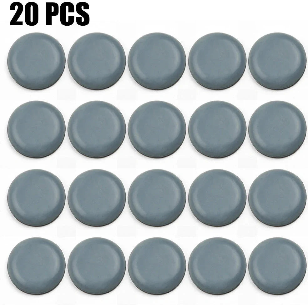 Blue grey 22mm adhesive slip pads attached to chair legs, preventing slides on hardwood floor, pack of 8