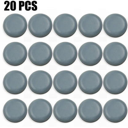 Blue grey 22mm adhesive slip pads attached to chair legs, preventing slides on hardwood floor, pack of 8