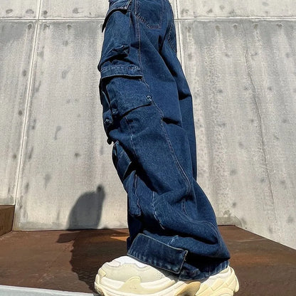 Dark blue distressed wide-leg women's jeans with high waist and multiple pockets on cotton denim fabric