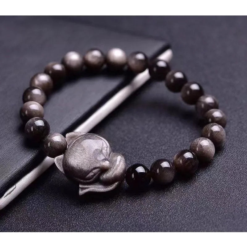 Obsidian bracelet with 8mm beads and single fox charm in Obsidian Fox colour